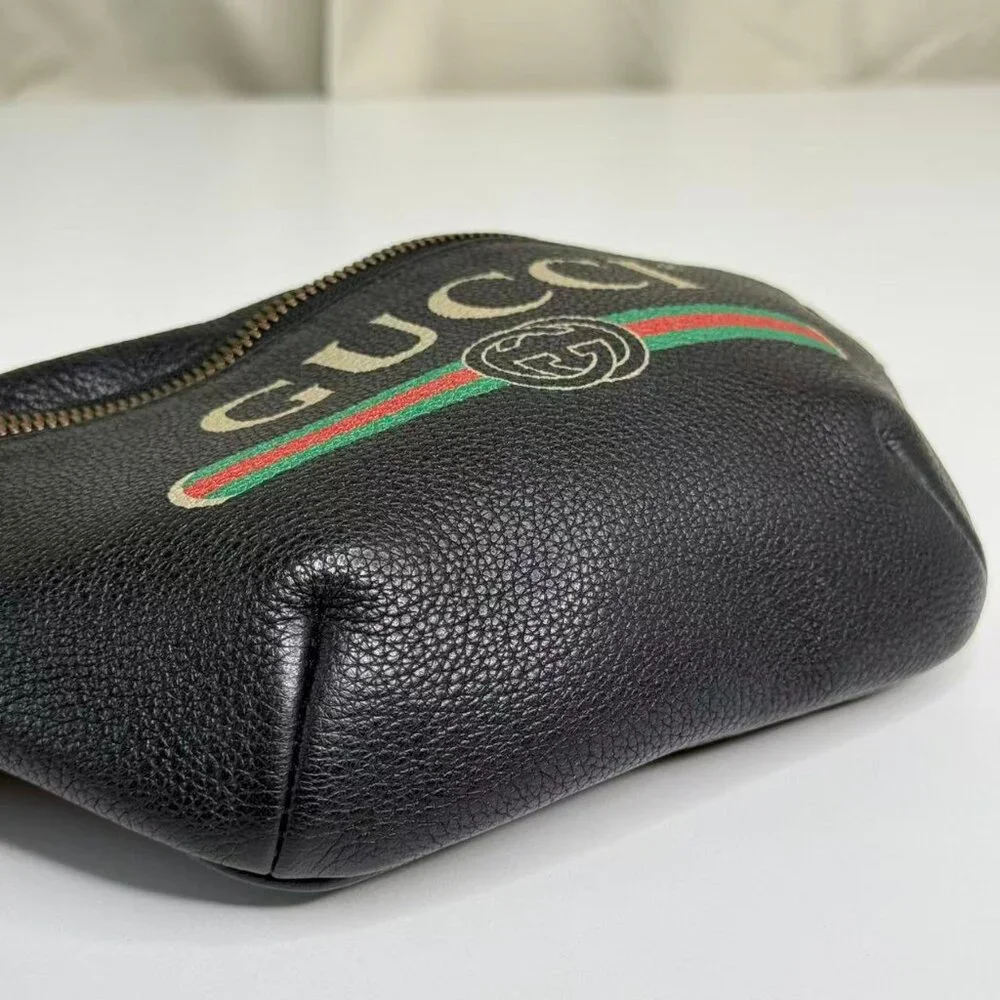Gucci Black Leather Printed Bum Bag with Green & Red Stripes and Gold Hardware - Picture 6 of 8